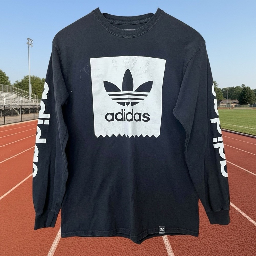 Vintage Adidas Long Sleeve TShirt Adult Medium Black Trefoil Spell Out Workout